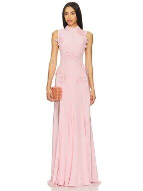 LA FUORI Pink Silk Backless 3D Floral Maxi Dress Medium NWT